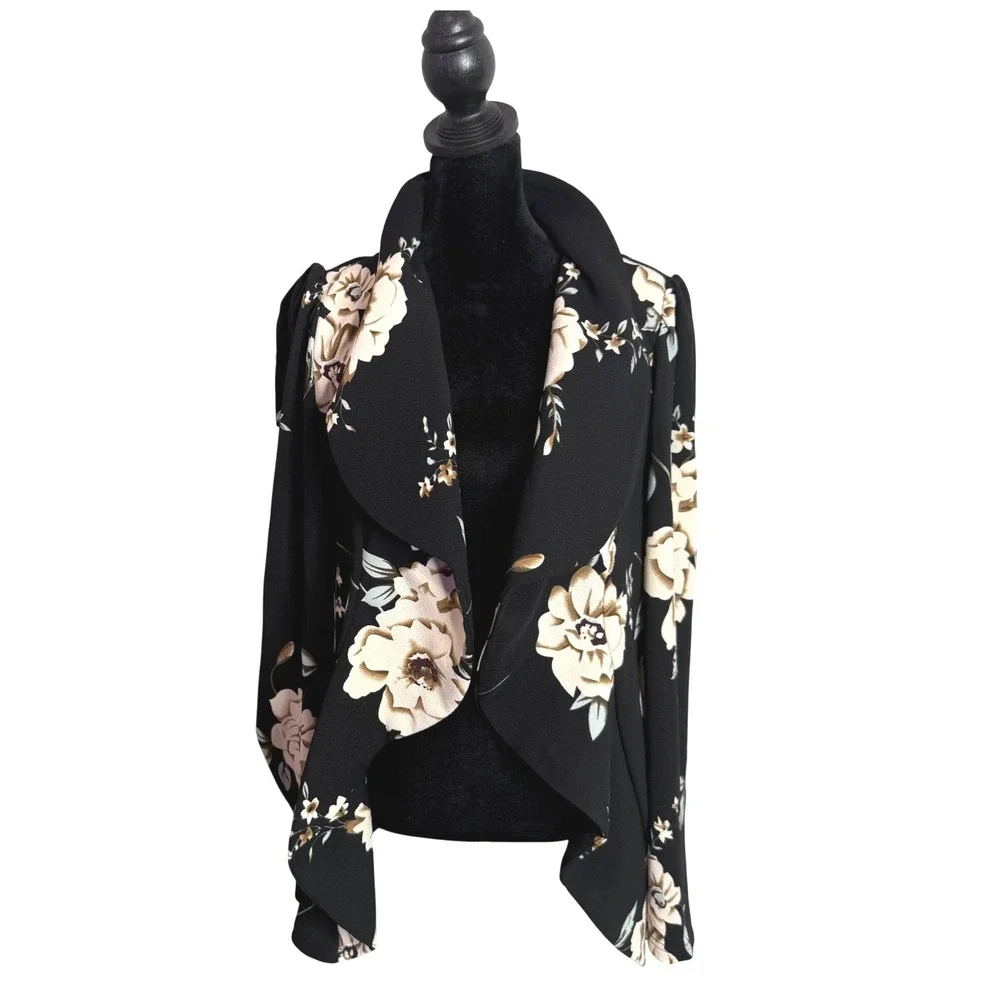 Black Floral Waterfall Blazer Jacket Size 1X Open‎ Front Drape Dark Romance